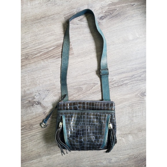 Brighton Leather Purse Crossbody Blue Patent Embossed Crocodile Bag Charm Tassel - Picture 2 of 13